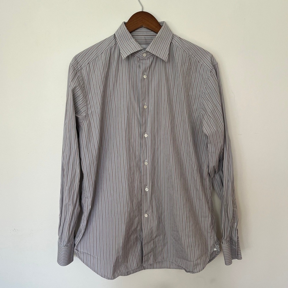 Ermenegildo Zegna Mens Striped Dress Shirt Grey Brown White 16.5 42 Italy
